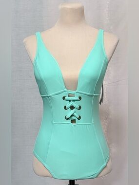 Mossimo Mint Lace-Up Deep V One-Piece Swimsuit